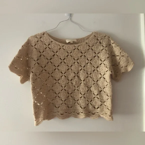 Sezane Dorine Top in Latte Tan Size XS Crochet Lace Blouse Cotton Tee Shirt - Picture 3 of 15